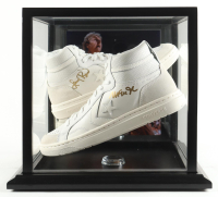Magic Johnson & Larry Bird Signed Pair of (2) Converse All Star White Leather Basketball Shoes with Display Case (Beckett & PSA) at PristineAuction.com