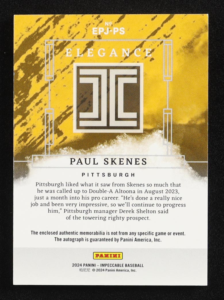 Paul Skenes 2024 Panini Impeccable Elegance Rookie Patch Auto #EPJ-PS RC #83/99 at PristineAuction.com Paul Skenes 2024 Panini Impeccable Elegance Rookie Patch Auto #EPJ-PS RC #83/99 at PristineAuction.com