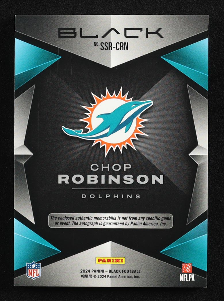 Chop Robinson 2024 Panini Black Sizeable Signatures Jumbo Jersey Patch#SSR-CRN RC #81/99 at PristineAuction.com Chop Robinson 2024 Panini Black Sizeable Signatures Jumbo Jersey Patch#SSR-CRN RC #81/99 at PristineAuction.com