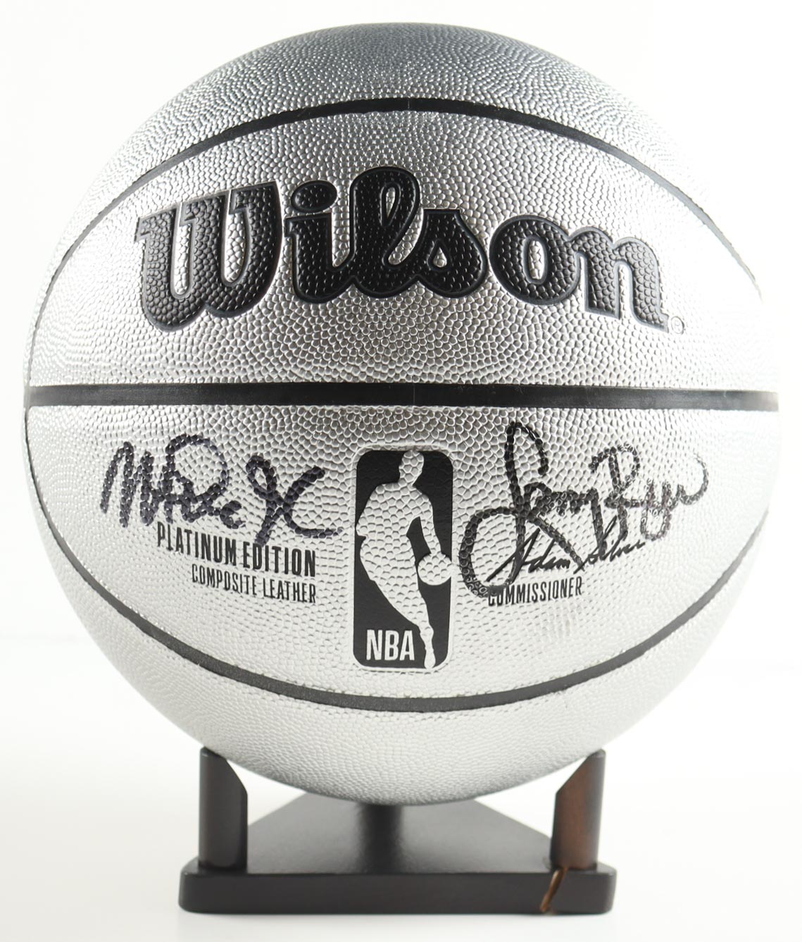 Larry Bird & Magic Johnson Signed NBA Platinum Edition Basketball with Display Stand (PSA & Beckett) at PristineAuction.com Larry Bird & Magic Johnson Signed NBA Platinum Edition Basketball with Display Stand (PSA & Beckett) at PristineAuction.com
