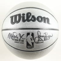 Larry Bird & Magic Johnson Signed NBA Platinum Edition Basketball with Display Stand (PSA & Beckett) at PristineAuction.com
