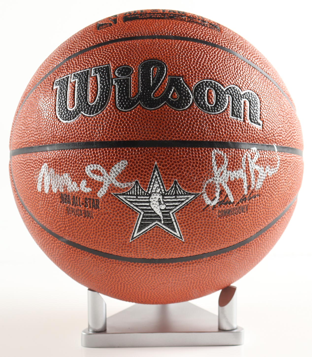 Larry Bird & Magic Johnson Signed NBA Basketball With Display Stand (PSA & Beckett) at PristineAuction.com Larry Bird & Magic Johnson Signed NBA Basketball With Display Stand (PSA & Beckett) at PristineAuction.com