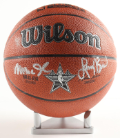 Larry Bird & Magic Johnson Signed NBA Basketball With Display Stand (PSA & Beckett) at PristineAuction.com