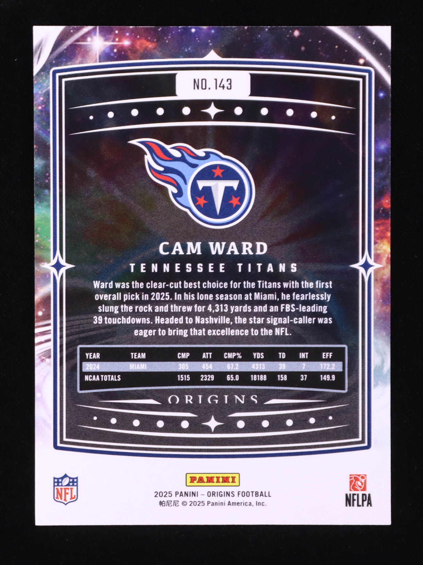 Cam Ward 2025 Panini Origins #143 RC at PristineAuction.com Cam Ward 2025 Panini Origins #143 RC at PristineAuction.com