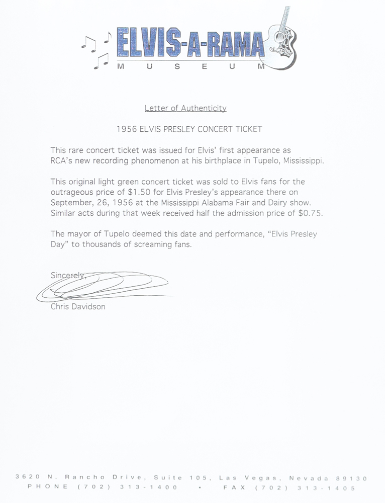 Elvis Presley Custom Matted Original 1956 Concert Ticket Display at PristineAuction.com Elvis Presley Custom Matted Original 1956 Concert Ticket Display at PristineAuction.com