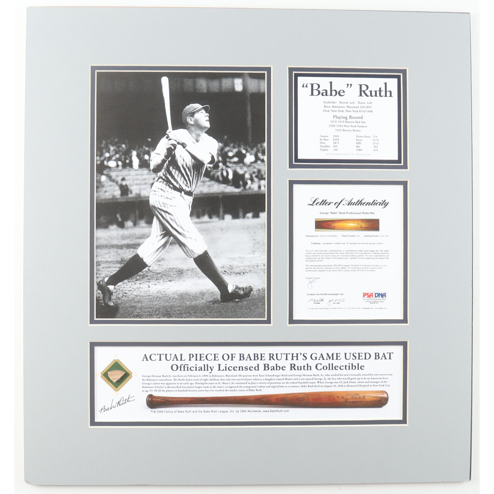 Babe Ruth Yankees Custom Matted Game-Used Baseball Bat Piece Display (PSA) at PristineAuction.com