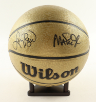 Magic Johnson & Larry Bird Signed NBA Gold Edition Basketball with Gold Display Stand (PSA & Beckett) at PristineAuction.com