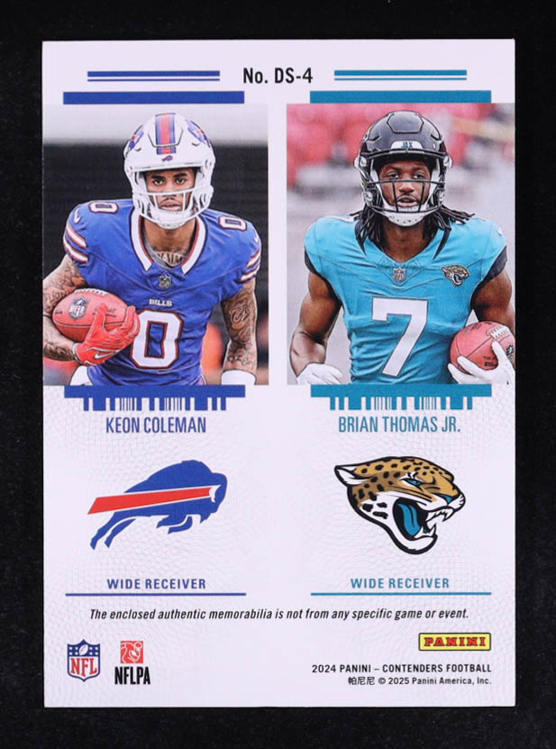 Brian Thomas Jr. / Keon Coleman 2024 Panini Contenders Rookie Ticket Dual Swatches #4 RC at PristineAuction.com Brian Thomas Jr. / Keon Coleman 2024 Panini Contenders Rookie Ticket Dual Swatches #4 RC at PristineAuction.com