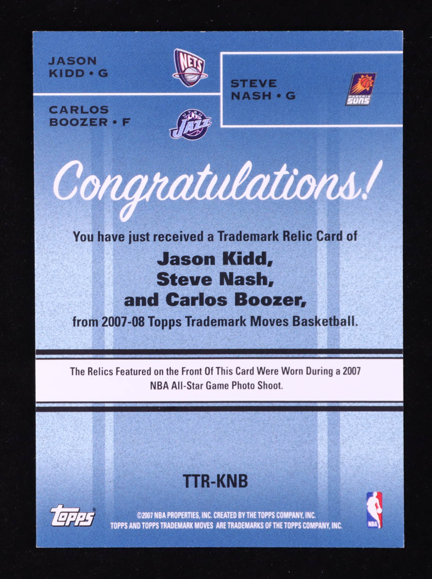 Jason Kidd / Steve Nash / Carlos Boozer 2007-08 Topps Trademark Moves Triple Relics #KNB #131/199 at PristineAuction.com Jason Kidd / Steve Nash / Carlos Boozer 2007-08 Topps Trademark Moves Triple Relics #KNB #131/199 at PristineAuction.com
