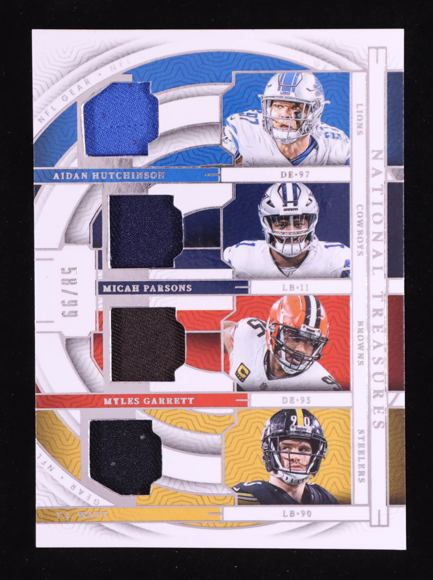 Aidan Hutchinson / Micah Parsons / Myles Garrett / T.J. Watt 2023 Panini National Treasures NFL Gear Quad Materials #19 #58/99 at PristineAuction.com Aidan Hutchinson / Micah Parsons / Myles Garrett / T.J. Watt 2023 Panini National Treasures NFL Gear Quad Materials #19 #58/99 at PristineAuction.com