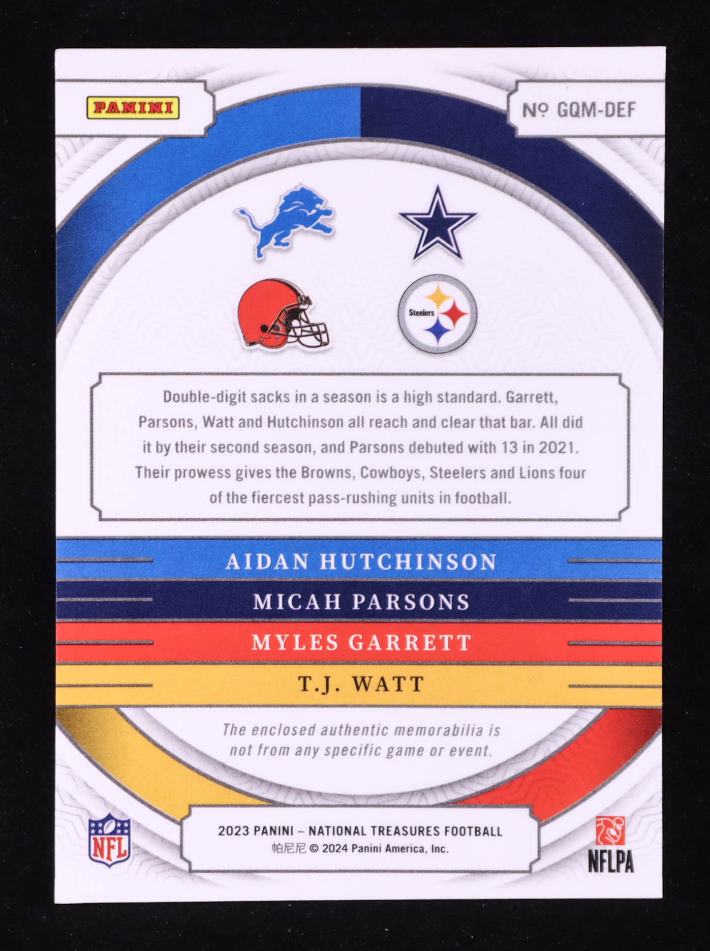 Aidan Hutchinson / Micah Parsons / Myles Garrett / T.J. Watt 2023 Panini National Treasures NFL Gear Quad Materials #19 #58/99 at PristineAuction.com Aidan Hutchinson / Micah Parsons / Myles Garrett / T.J. Watt 2023 Panini National Treasures NFL Gear Quad Materials #19 #58/99 at PristineAuction.com