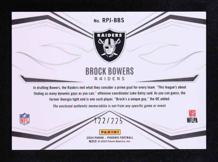 Brock Bowers 2024 Panini Phoenix Rookie Phenom Jerseys #9 #122/225 RC at PristineAuction.com Brock Bowers 2024 Panini Phoenix Rookie Phenom Jerseys #9 #122/225 RC at PristineAuction.com