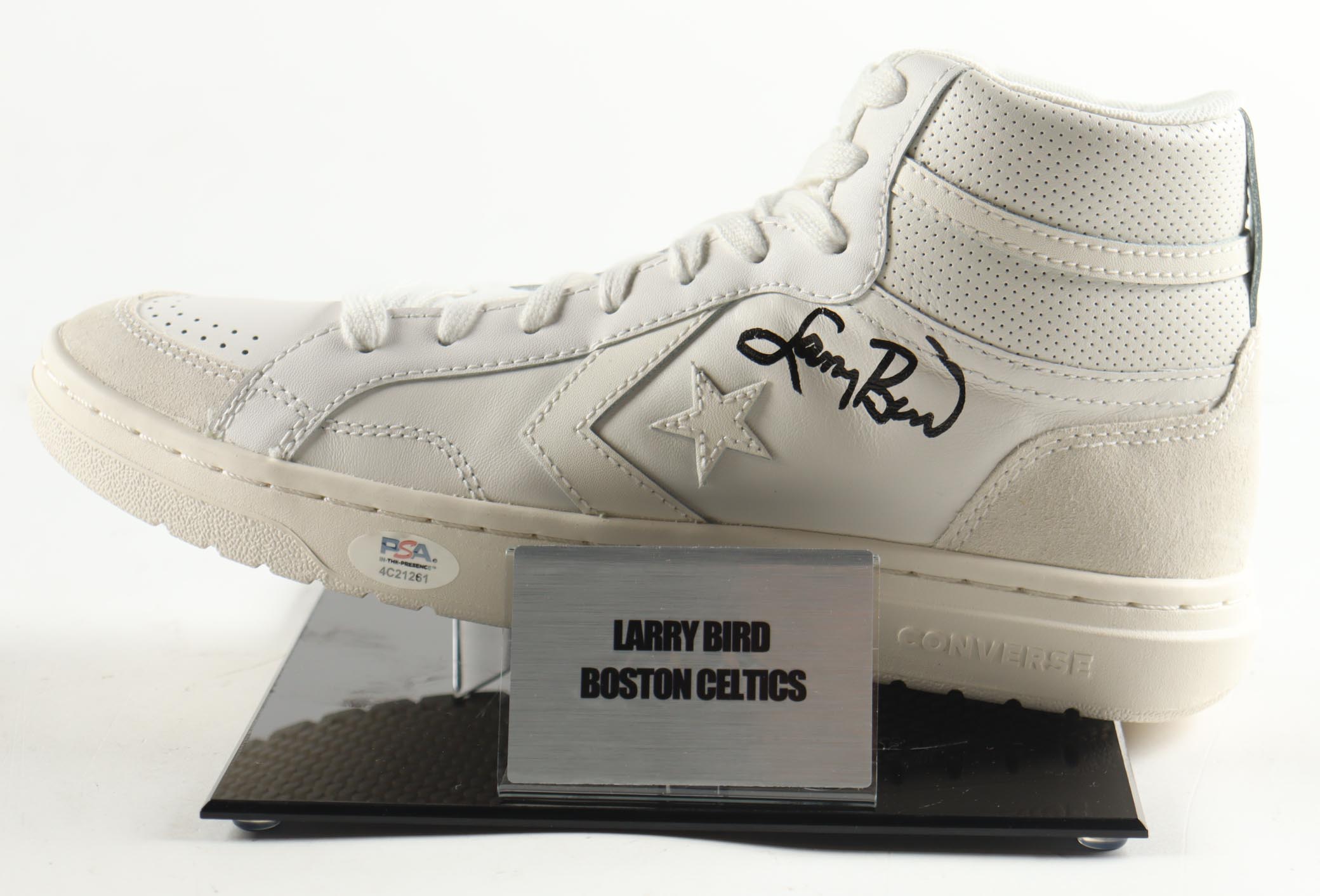 Larry Bird Signed Converse Basketball Shoe with Display Stand (Beckett) at PristineAuction.com Larry Bird Signed Converse Basketball Shoe with Display Stand (Beckett) at PristineAuction.com