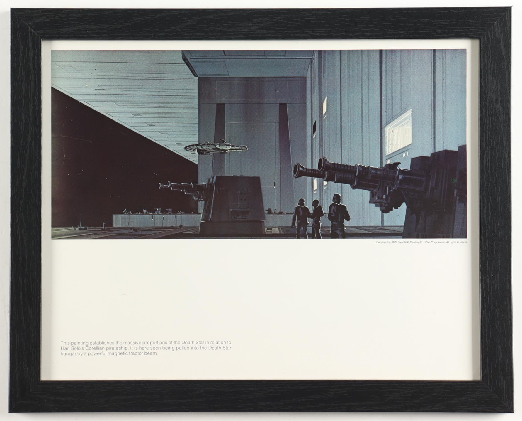 Star Wars "Millenium Falcon Pulls Into the Death Star" 1977 Ralph McQuarrie Custom Framed Pre-Production Art Photo Display at PristineAuction.com Star Wars "Millenium Falcon Pulls Into the Death Star" 1977 Ralph McQuarrie Custom Framed Pre-Production Art Photo Display at PristineAuction.com