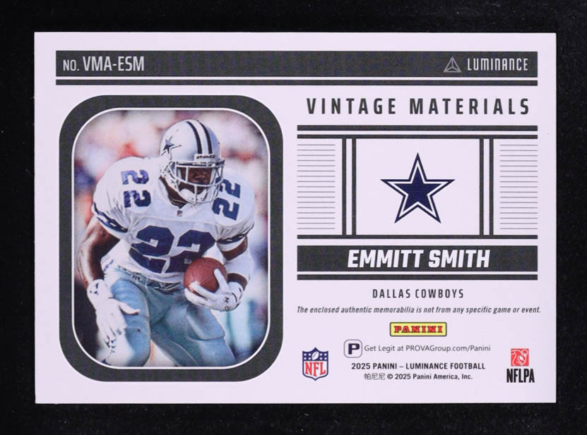 Emmitt Smith 2025 Panini Luminance Vintage Materials #1 at PristineAuction.com Emmitt Smith 2025 Panini Luminance Vintage Materials #1 at PristineAuction.com