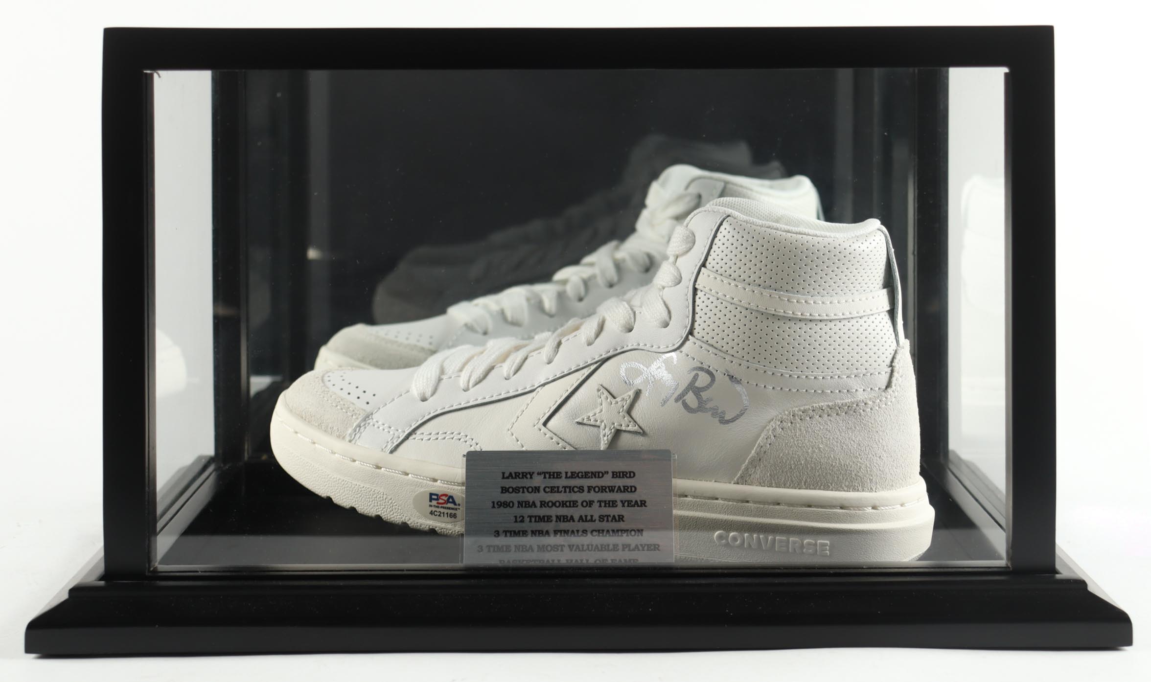 Larry Bird Signed Converse Basketball Shoe With Name Plaque Display Case (PSA) at PristineAuction.com Larry Bird Signed Converse Basketball Shoe With Name Plaque Display Case (PSA) at PristineAuction.com