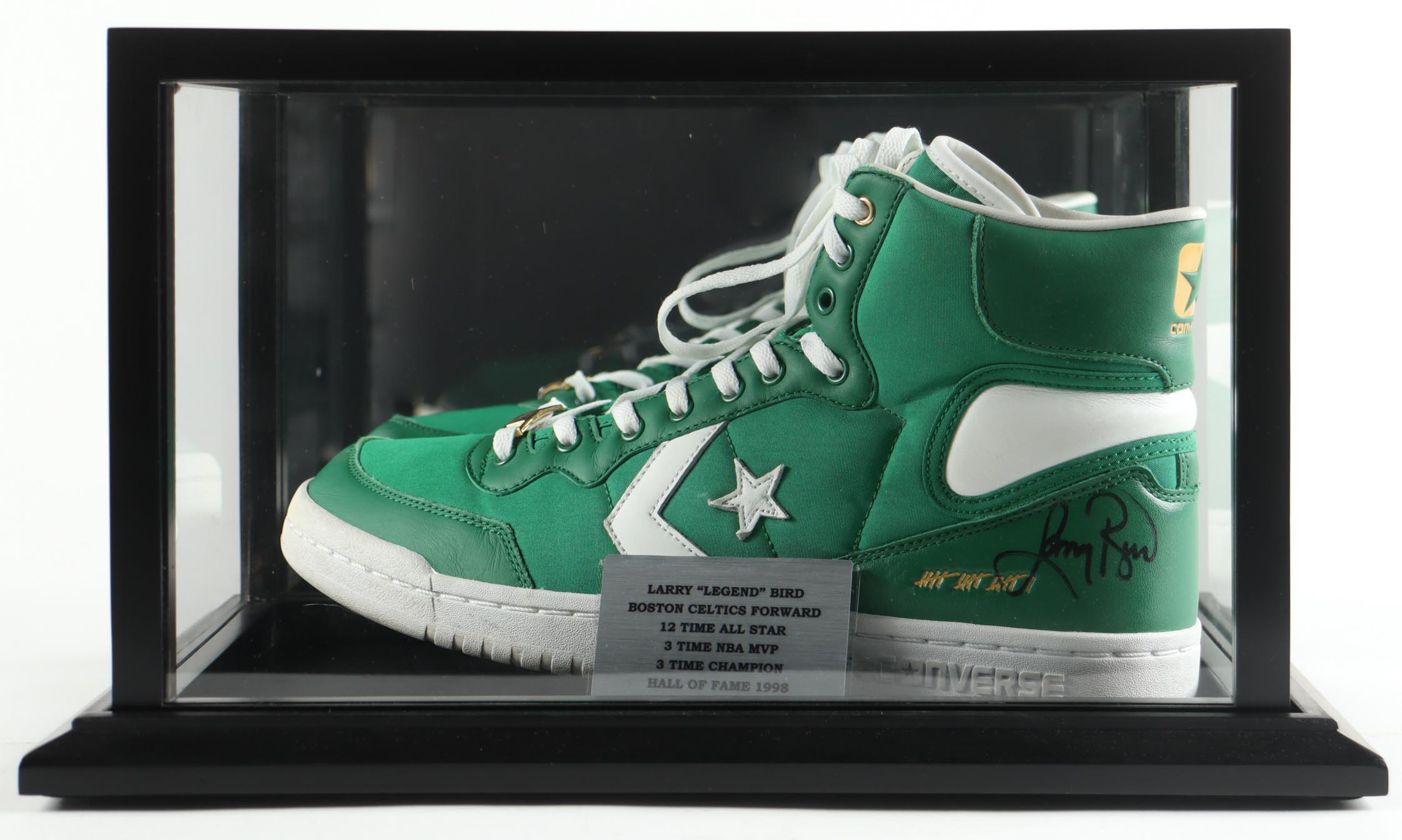 Larry Bird Signed Converse Basketball Shoe With Name Plaque Display Case (PSA) at PristineAuction.com Larry Bird Signed Converse Basketball Shoe With Name Plaque Display Case (PSA) at PristineAuction.com
