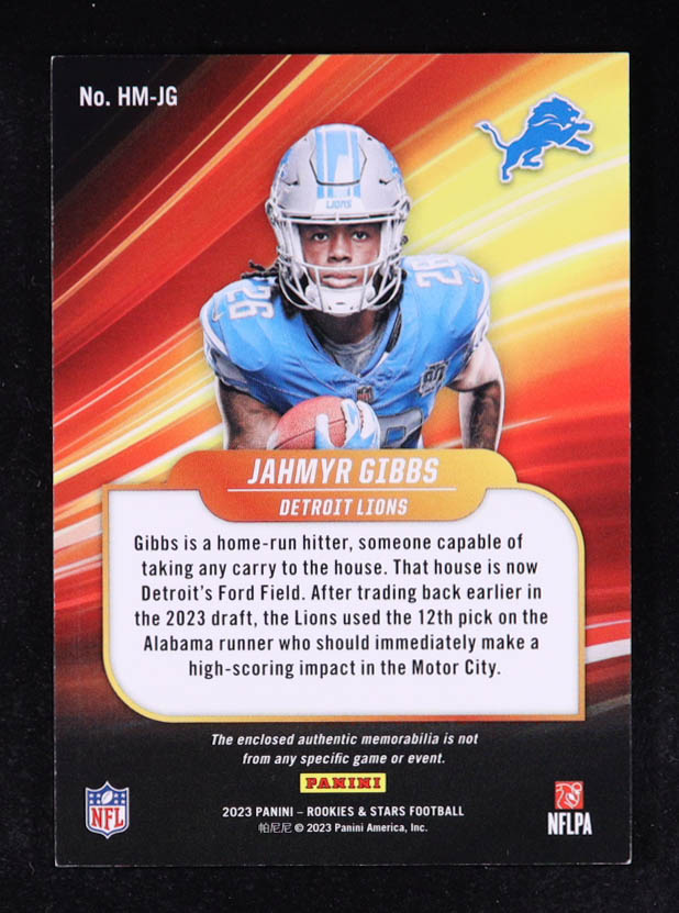 Jahmyr Gibbs 2023 Rookies and Stars High Octane Memorabilia #7 #374/399 RC at PristineAuction.com Jahmyr Gibbs 2023 Rookies and Stars High Octane Memorabilia #7 #374/399 RC at PristineAuction.com