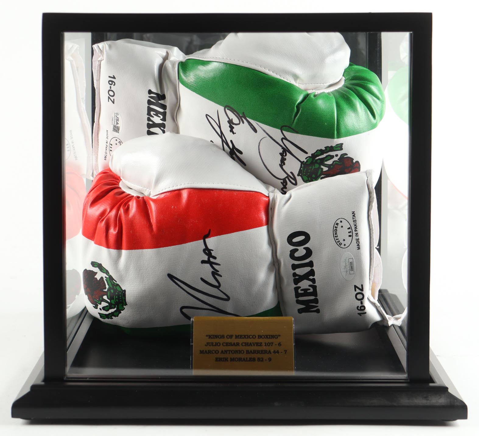 Mexican Boxing Kings | Set of (2) Cleto Reyes Boxing Gloves Signed By (3) With Julio Cesar Chavez, Marco Antonio Barrera, & Erik Morales in Display Case (JSA) at PristineAuction.com Mexican Boxing Kings | Set of (2) Cleto Reyes Boxing Gloves Signed By (3) With Julio Cesar Chavez, Marco Antonio Barrera, & Erik Morales in Display Case (JSA) at PristineAuction.com