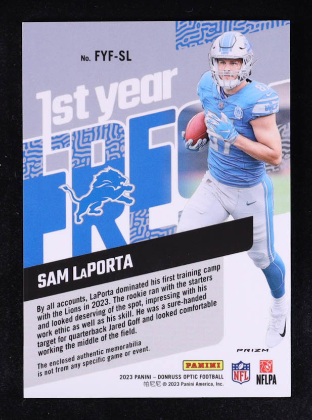 Sam LaPorta 2023 Donruss Optic First Year Fresh Jerseys Blue Hyper #33 RC at PristineAuction.com Sam LaPorta 2023 Donruss Optic First Year Fresh Jerseys Blue Hyper #33 RC at PristineAuction.com