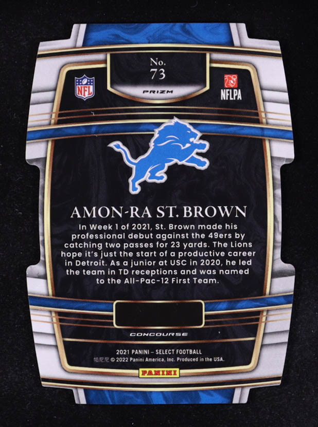 Amon-Ra St. Brown 2021 Select Prizm Green and Yellow Die Cut #73 RC at PristineAuction.com Amon-Ra St. Brown 2021 Select Prizm Green and Yellow Die Cut #73 RC at PristineAuction.com