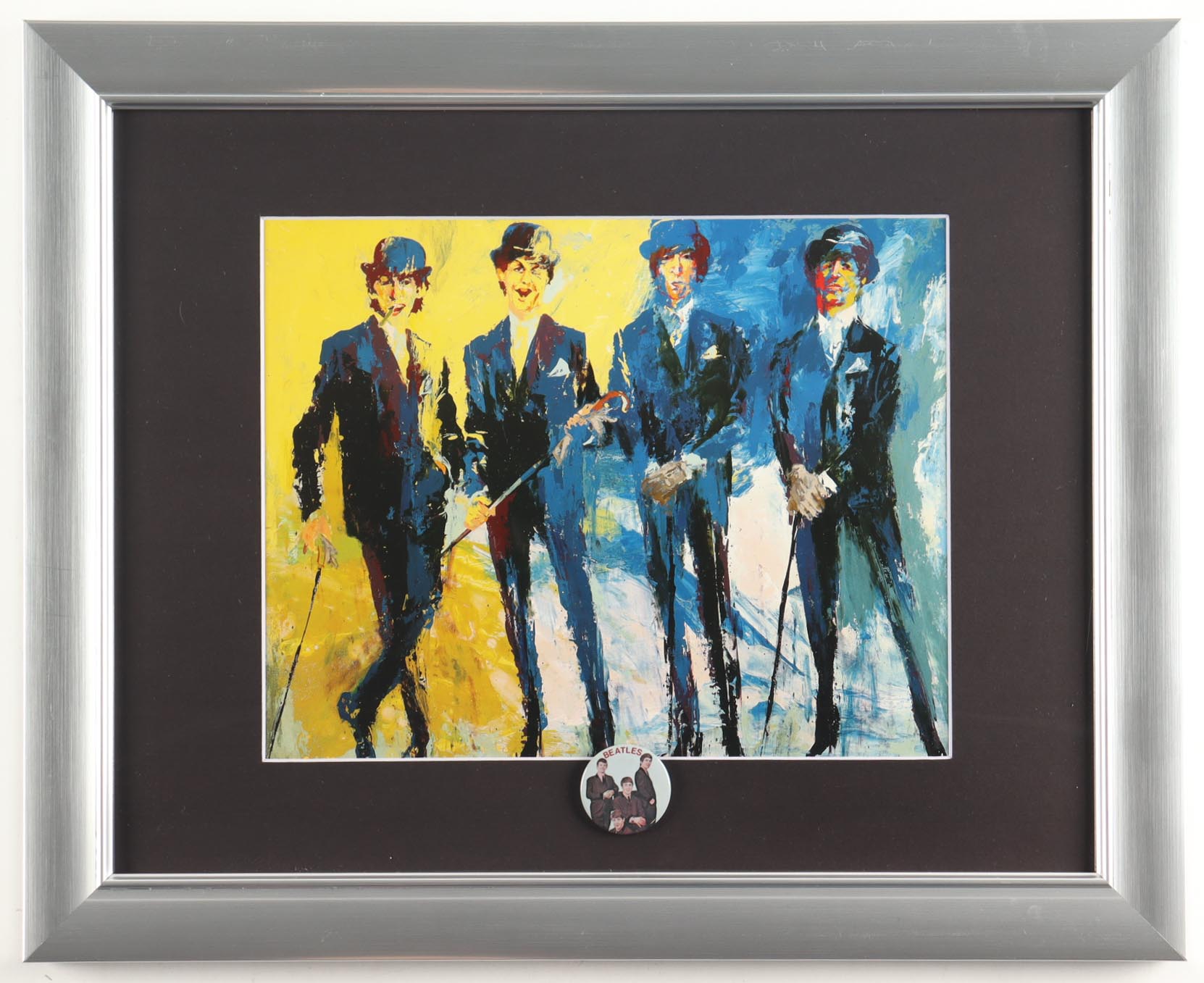 "The Beatles" Custom Framed Leroy Neiman Art Print Display with Beatles Pin at PristineAuction.com "The Beatles" Custom Framed Leroy Neiman Art Print Display with Beatles Pin at PristineAuction.com