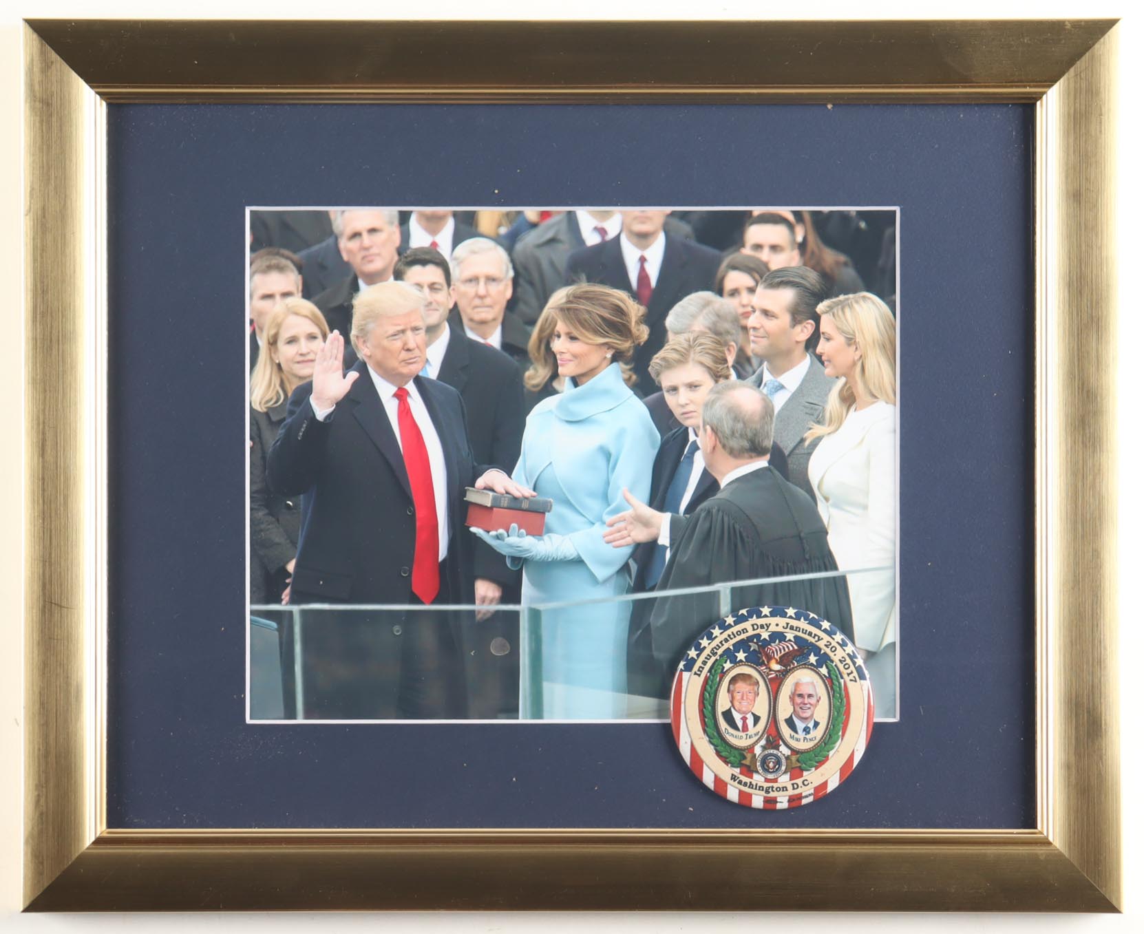 "Donald Trump at the 2017 Presidential Inauguration" Custom Framed Photo Display with 2017 Inauguration Pin at PristineAuction.com "Donald Trump at the 2017 Presidential Inauguration" Custom Framed Photo Display with 2017 Inauguration Pin at PristineAuction.com