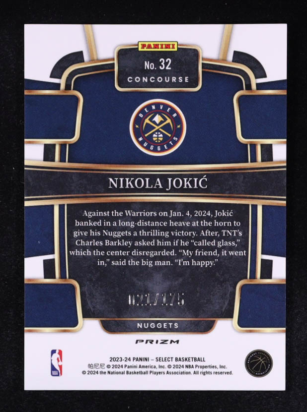 Nikola Jokic 2023-24 Select Prizms Purple Flash #32 #021/175 at PristineAuction.com Nikola Jokic 2023-24 Select Prizms Purple Flash #32 #021/175 at PristineAuction.com