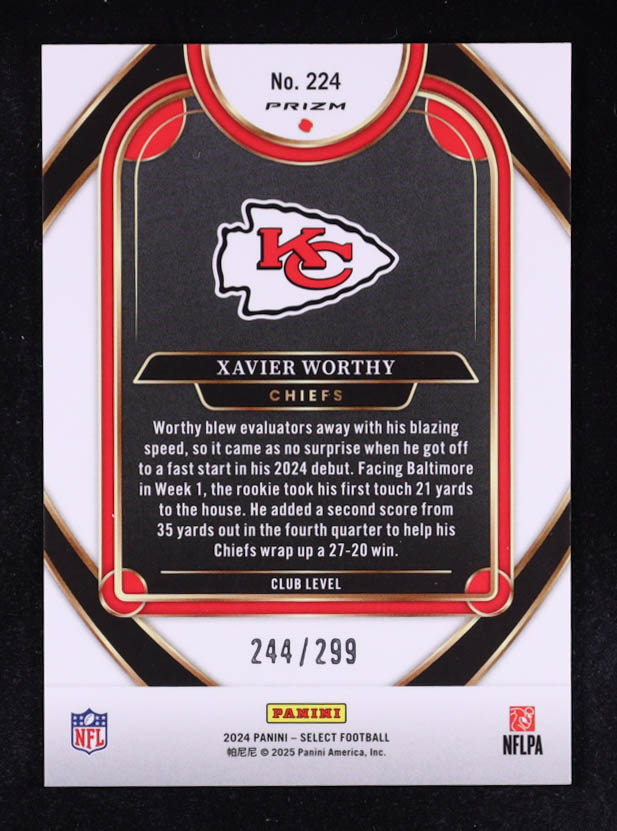 Xavier Worthy 2024 Select Prizm Copper Shock #224 #244/299 RC at PristineAuction.com Xavier Worthy 2024 Select Prizm Copper Shock #224 #244/299 RC at PristineAuction.com