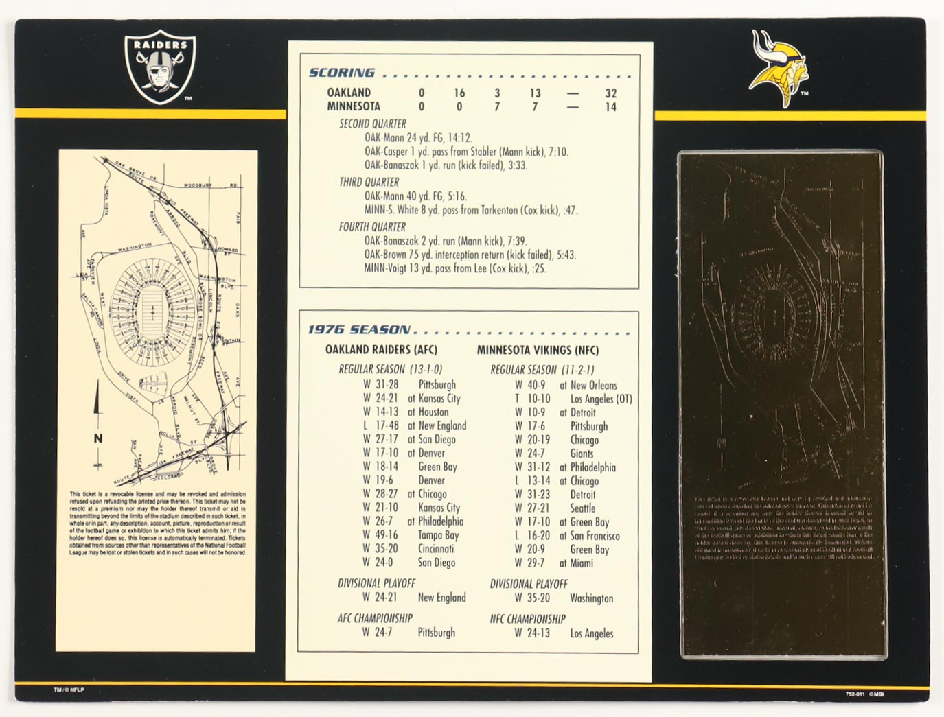 Super Bowl XI Commemorative Score Card with 23KT Gold Ticket Framed Display at PristineAuction.com Super Bowl XI Commemorative Score Card with 23KT Gold Ticket Framed Display at PristineAuction.com