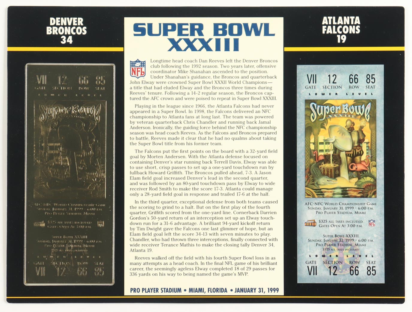 Super Bowl XXXIII Commemorative Score Card with 23KT Gold Ticket Framed Display at PristineAuction.com Super Bowl XXXIII Commemorative Score Card with 23KT Gold Ticket Framed Display at PristineAuction.com