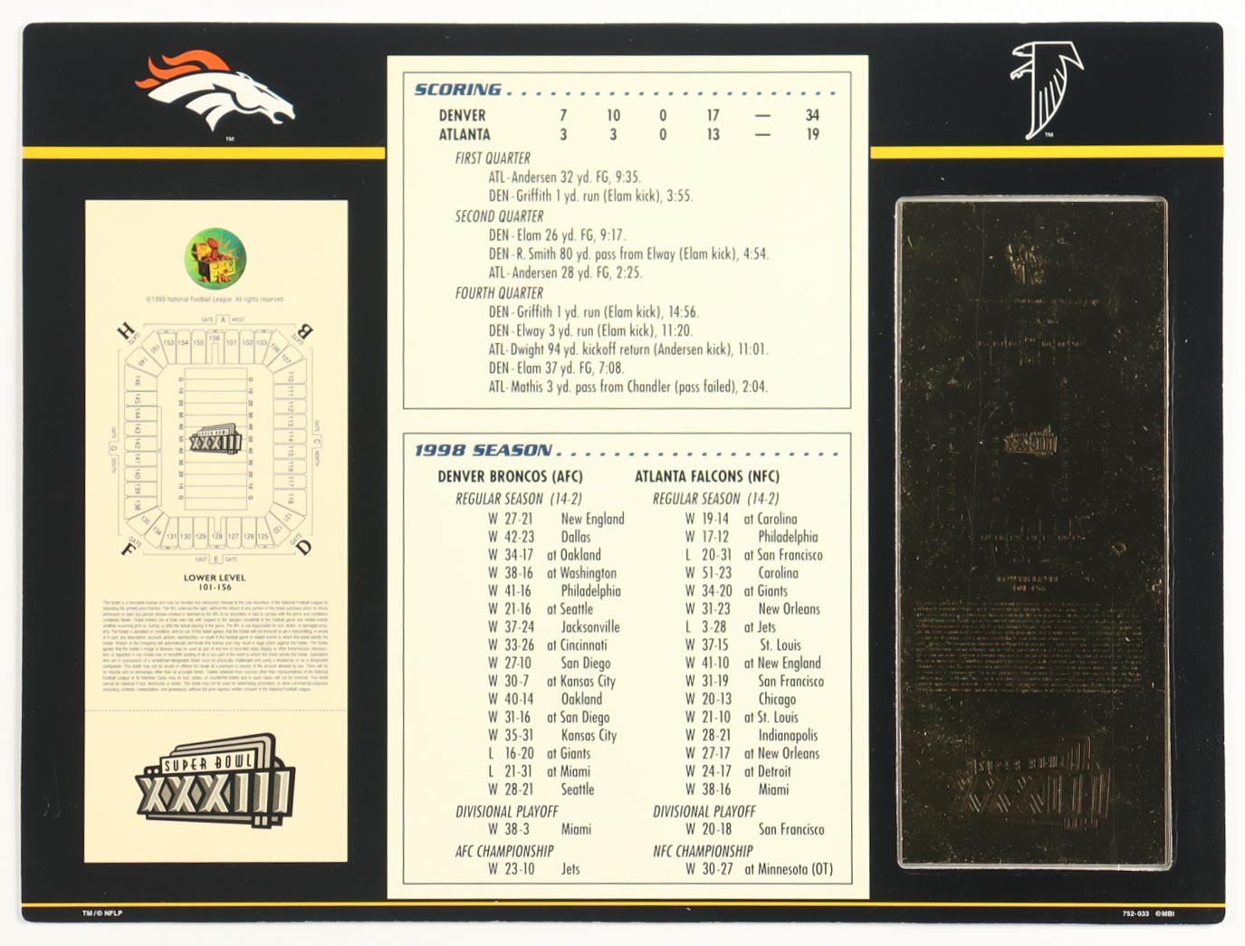 Super Bowl XXXIII Commemorative Score Card with 23KT Gold Ticket Framed Display at PristineAuction.com Super Bowl XXXIII Commemorative Score Card with 23KT Gold Ticket Framed Display at PristineAuction.com