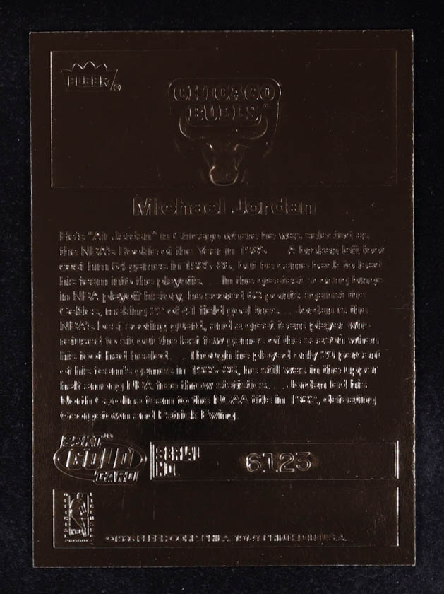 Michael Jordan 1997 Fleer 23KT Gold White Border / '86-87 Fleer Sticker #6123 at PristineAuction.com Michael Jordan 1997 Fleer 23KT Gold White Border / '86-87 Fleer Sticker #6123 at PristineAuction.com