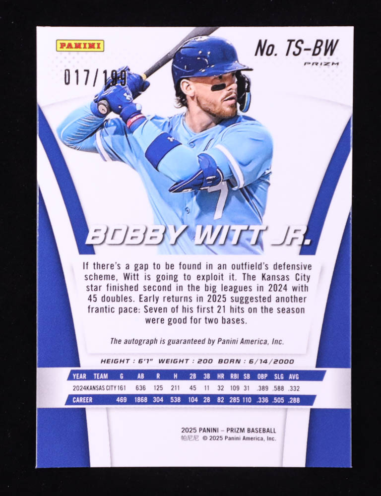 Bobby Witt Jr. 2025 Panini Prizm Throwback Signatures Prizms Pulsar #10 #017/199 at PristineAuction.com Bobby Witt Jr. 2025 Panini Prizm Throwback Signatures Prizms Pulsar #10 #017/199 at PristineAuction.com