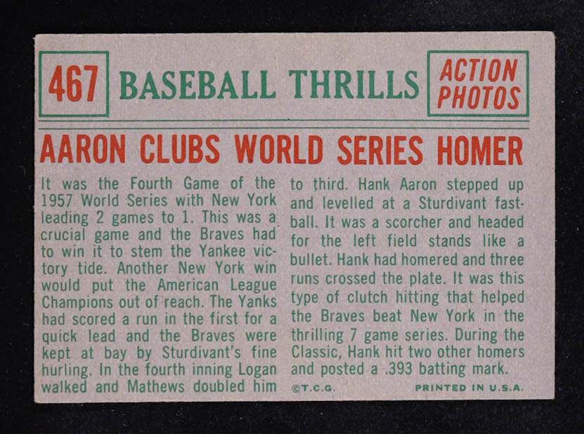 Hank Aaron 1959 Topps BT/WS Homer #467 at PristineAuction.com Hank Aaron 1959 Topps BT/WS Homer #467 at PristineAuction.com