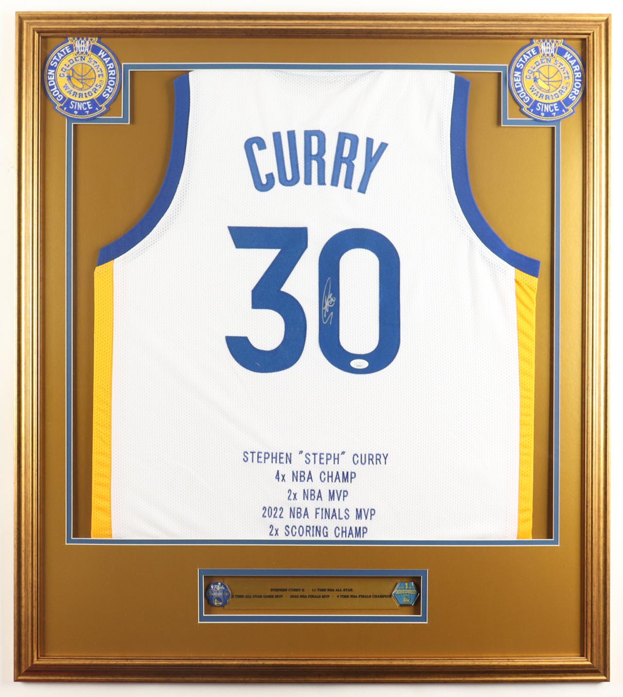Stephen Curry Signed Custom Framed Jersey Display with Career Stat Plaque & (2) Championship Pins (JSA) at PristineAuction.com Stephen Curry Signed Custom Framed Jersey Display with Career Stat Plaque & (2) Championship Pins (JSA) at PristineAuction.com
