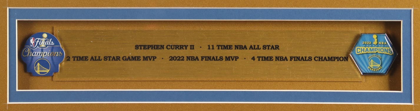 Stephen Curry Signed Custom Framed Jersey Display with Career Stat Plaque & (2) Championship Pins (JSA) at PristineAuction.com Stephen Curry Signed Custom Framed Jersey Display with Career Stat Plaque & (2) Championship Pins (JSA) at PristineAuction.com