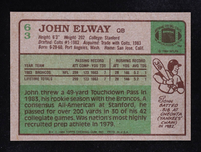 John Elway 1984 Topps #63 RC at PristineAuction.com John Elway 1984 Topps #63 RC at PristineAuction.com
