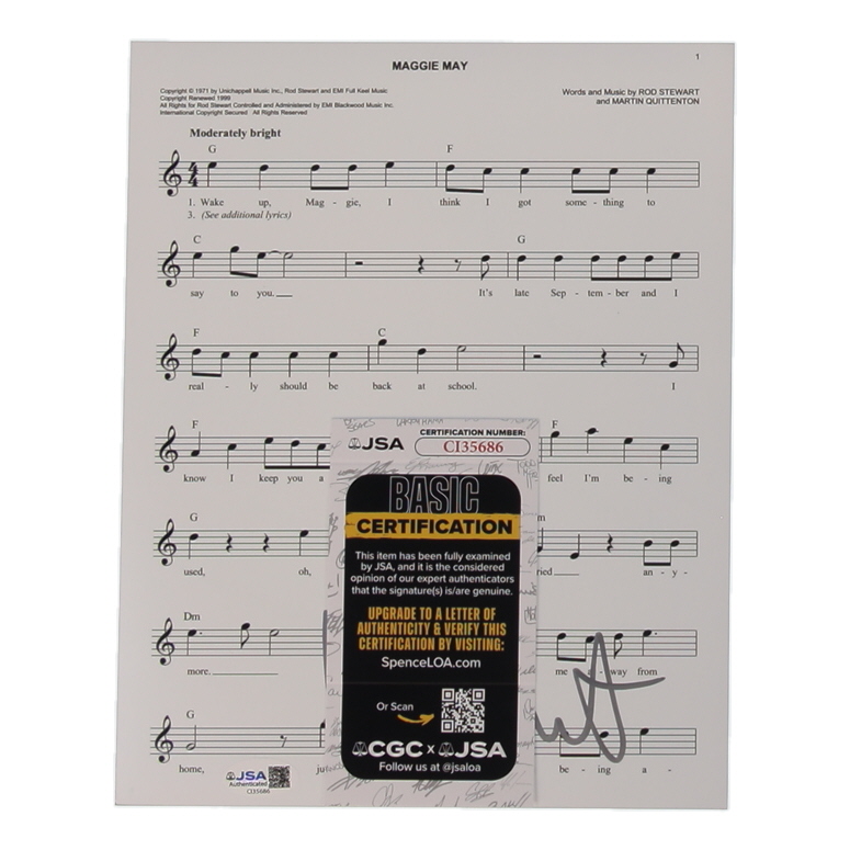 Rod Stewart Signed "Maggie May" 8x10 Lyric Sheet (JSA) at PristineAuction.com Rod Stewart Signed "Maggie May" 8x10 Lyric Sheet (JSA) at PristineAuction.com