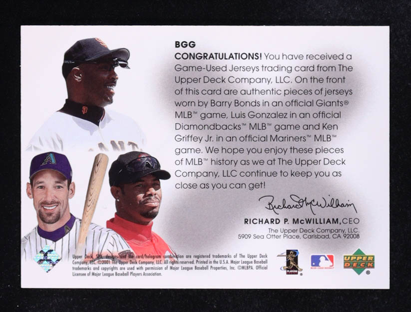 Barry Bonds / Luis Gonzalez / Ken Griffey Jr. 2001 SPX Winning Materials Update Trios #BGG at PristineAuction.com Barry Bonds / Luis Gonzalez / Ken Griffey Jr. 2001 SPX Winning Materials Update Trios #BGG at PristineAuction.com