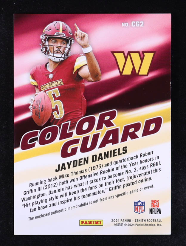 Jayden Daniels 2024 Zenith Color Guard Jerseys MEM #2 at PristineAuction.com Jayden Daniels 2024 Zenith Color Guard Jerseys MEM #2 at PristineAuction.com