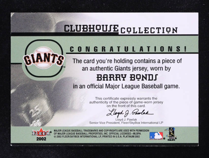 Barry Bonds 2002 Fleer Platinum Clubhouse Memorabilia JSY at PristineAuction.com Barry Bonds 2002 Fleer Platinum Clubhouse Memorabilia JSY at PristineAuction.com