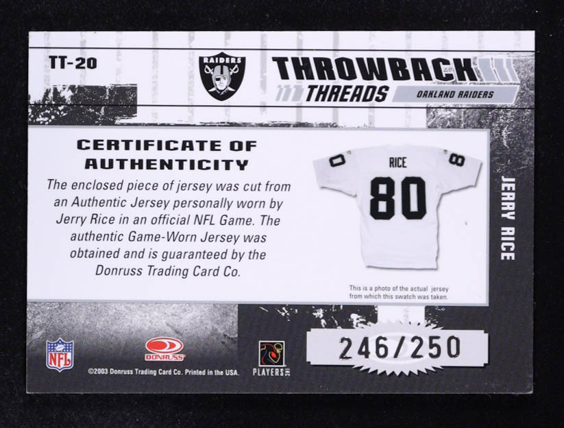 Jerry Rice 2003 Donruss Elite Throwback Threads #TT20 #246/250 at PristineAuction.com Jerry Rice 2003 Donruss Elite Throwback Threads #TT20 #246/250 at PristineAuction.com