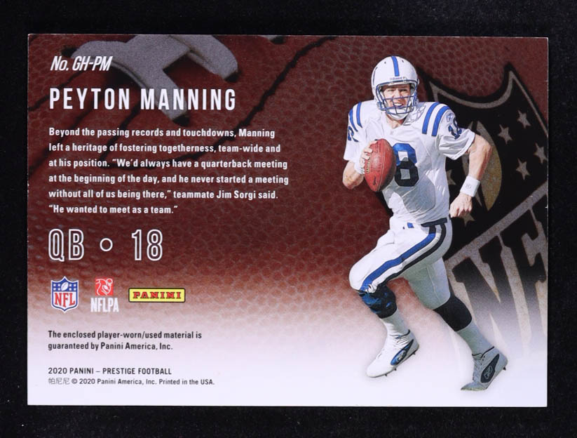 Peyton Manning 2020 Prestige Gridiron Heritage Jerseys MEM #GH-PM at PristineAuction.com Peyton Manning 2020 Prestige Gridiron Heritage Jerseys MEM #GH-PM at PristineAuction.com