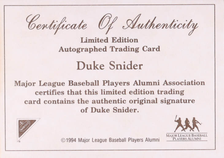 Duke Snider 1994 Nabisco All-Star Autographs W/COA at PristineAuction.com Duke Snider 1994 Nabisco All-Star Autographs W/COA at PristineAuction.com