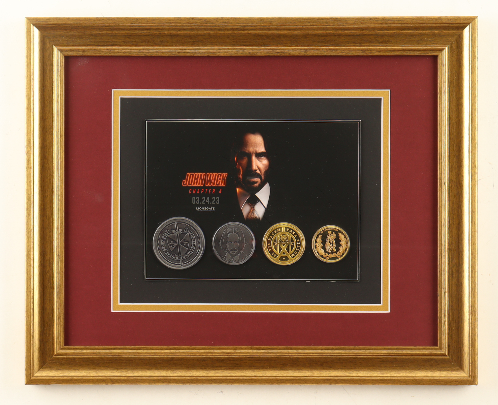 "John Wick: Chapter 4" Custom Framed Photo Display with (4) Continental Coin Set at PristineAuction.com "John Wick: Chapter 4" Custom Framed Photo Display with (4) Continental Coin Set at PristineAuction.com