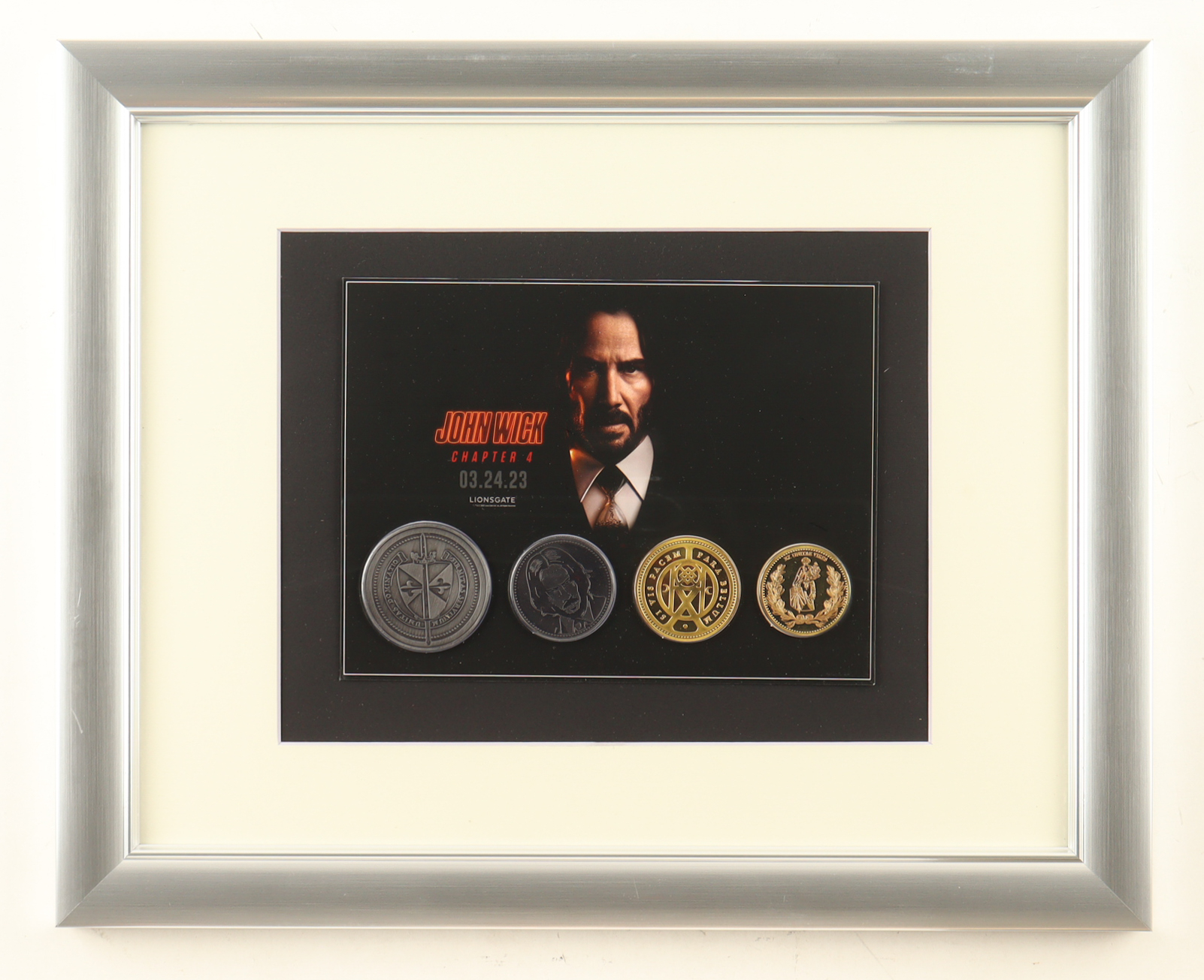 "John Wick: Chapter 4" Custom Framed Photo Display with (4) Continental Coin Set at PristineAuction.com "John Wick: Chapter 4" Custom Framed Photo Display with (4) Continental Coin Set at PristineAuction.com