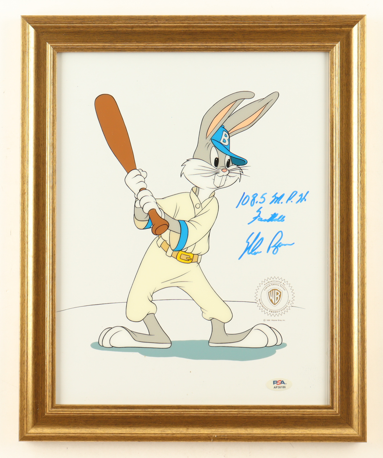 Nolan Ryan Signed "Looney Tunes" Custom Framed Original Film Cel Display Inscribed "108.5 M.P.H. Fastball" (PSA) at PristineAuction.com Nolan Ryan Signed "Looney Tunes" Custom Framed Original Film Cel Display Inscribed "108.5 M.P.H. Fastball" (PSA) at PristineAuction.com