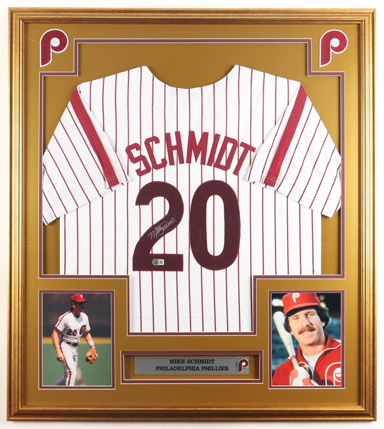 Mike Schmidt Signed Custom Framed Jersey Display with Phillies Logo Pin (Beckett) at PristineAuction.com Mike Schmidt Signed Custom Framed Jersey Display with Phillies Logo Pin (Beckett) at PristineAuction.com