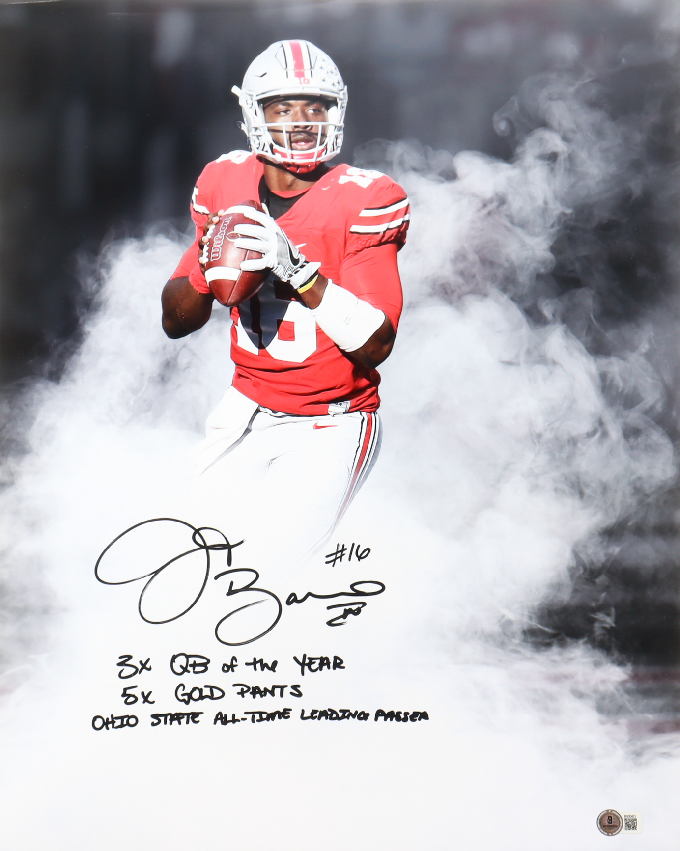 J.T. Barrett Signed Ohio State Buckeyes 16x20 Photo Inscribed "3x QB of the Year", "5x Gold Pants", & "Ohio State All-Time Leading Passer" (Beckett) at PristineAuction.com J.T. Barrett Signed Ohio State Buckeyes 16x20 Photo Inscribed "3x QB of the Year", "5x Gold Pants", & "Ohio State All-Time Leading Passer" (Beckett) at PristineAuction.com
